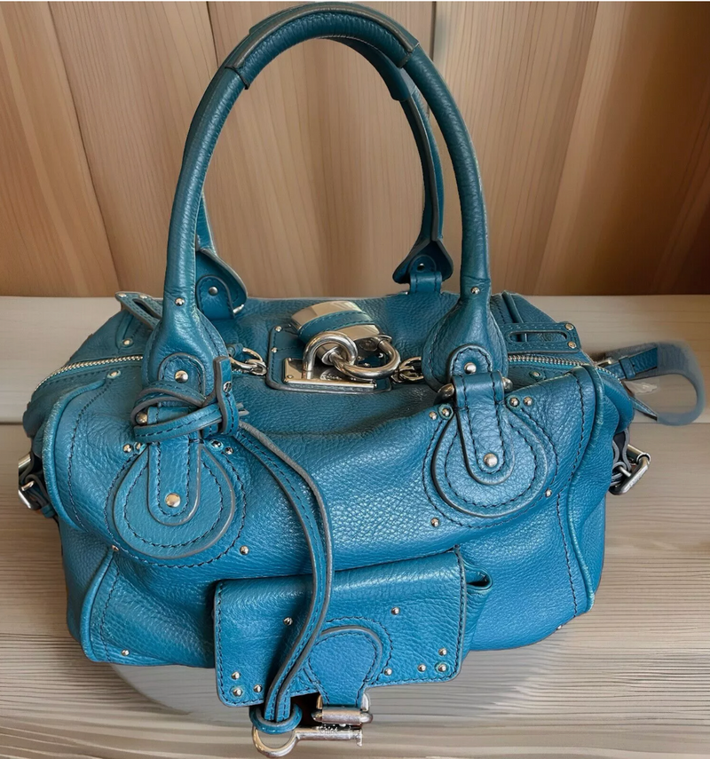 Chloe Vintage Paddington Leather Hand Bag Blue Teal Padlock