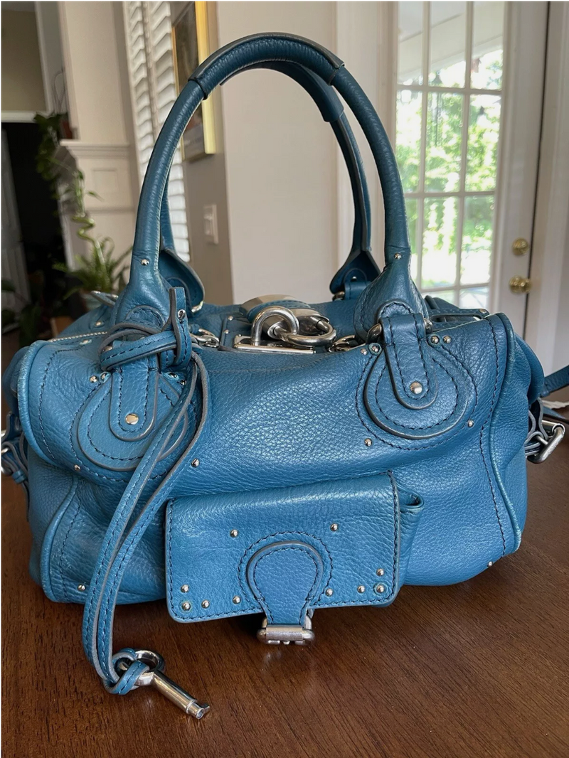 Chloe Vintage Paddington Leather Hand Bag Blue Teal Padlock