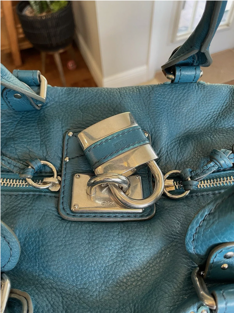 Chloe Vintage Paddington Leather Hand Bag Blue Teal Padlock