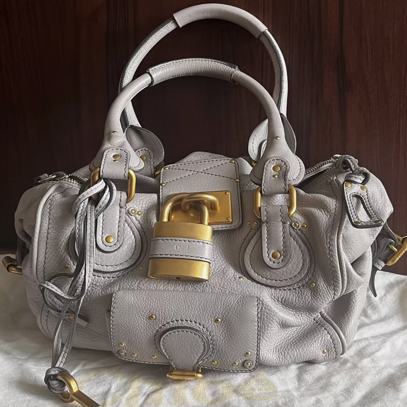 Chloe Vintage Paddington Leather Hand Bag Light Gray Padlock Key