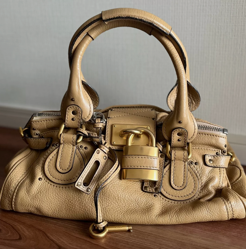 Chloe Vintage Paddington Leather Hand Bag Beige Padlock Key Medium