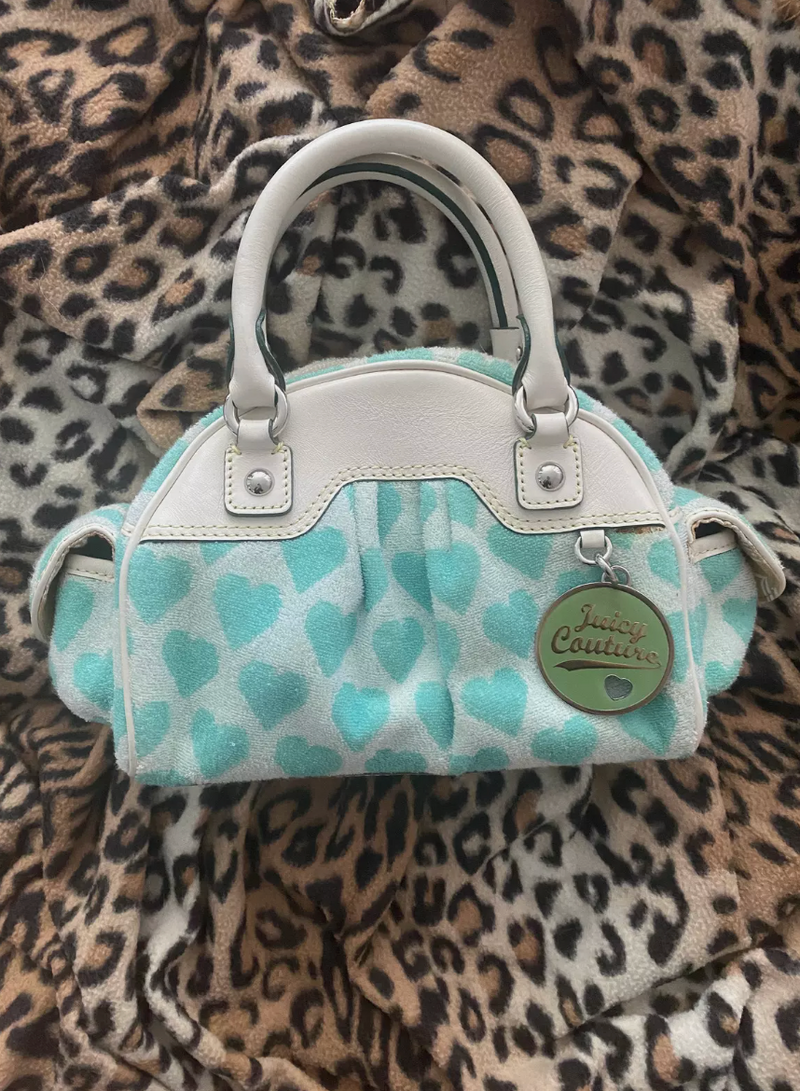 Y2K RARE VINTAGE JUICY COUTURE TERRY CLOTH White and Teal Heart Bag