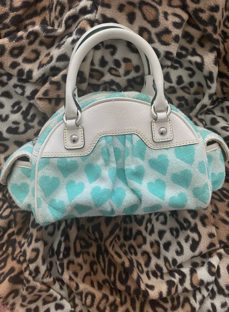 Y2K RARE VINTAGE JUICY COUTURE TERRY CLOTH White and Teal Heart Bag