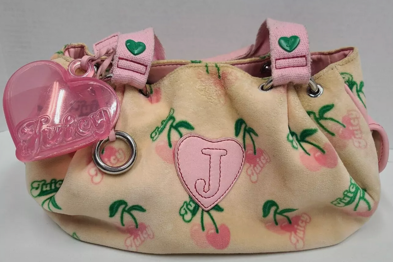 Juicy Couture Pink/Green Cherry Print Soft Fuzzy Shoulder Bag Purse Heart Charm