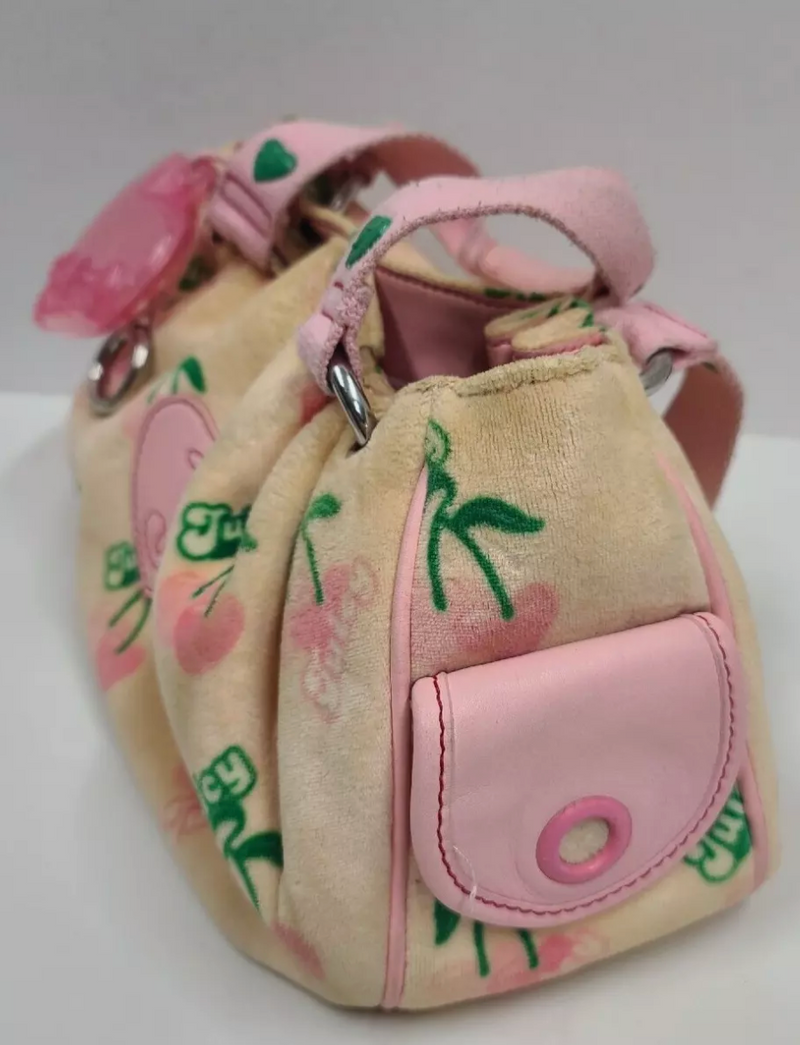 Juicy Couture Pink/Green Cherry Print Soft Fuzzy Shoulder Bag Purse Heart Charm