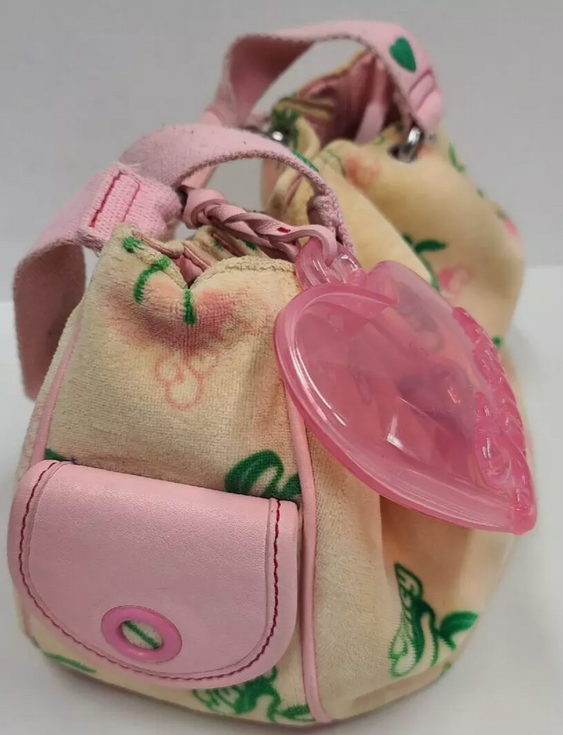 Juicy Couture Pink/Green Cherry Print Soft Fuzzy Shoulder Bag Purse Heart Charm