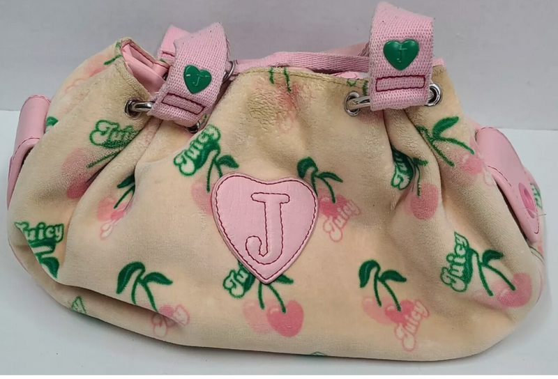 Juicy Couture Pink/Green Cherry Print Soft Fuzzy Shoulder Bag Purse Heart Charm