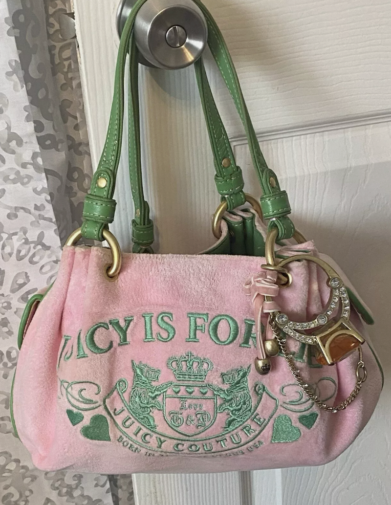 Y2K JUICY COUTURE JUICY IS FOR LIFE RING BLING VELOUR BAG RARE PINK & GREEN