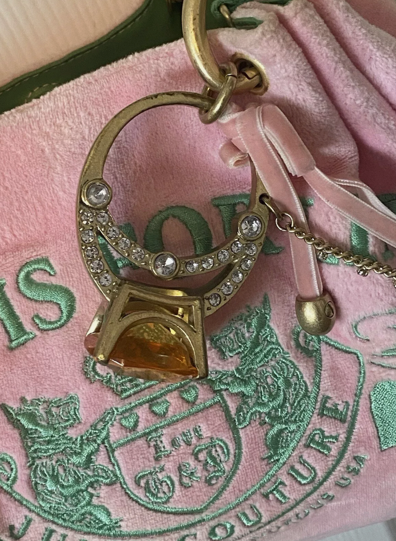 Y2K JUICY COUTURE JUICY IS FOR LIFE RING BLING VELOUR BAG RARE PINK & GREEN