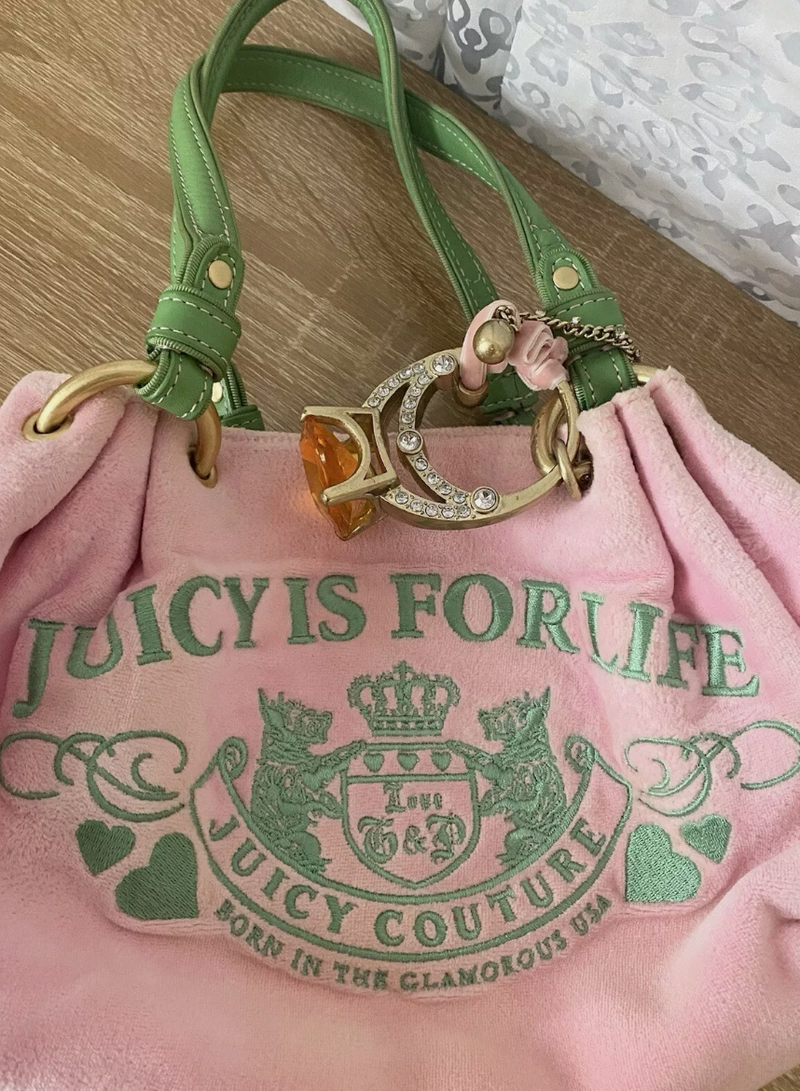 Y2K JUICY COUTURE JUICY IS FOR LIFE RING BLING VELOUR BAG RARE PINK & GREEN