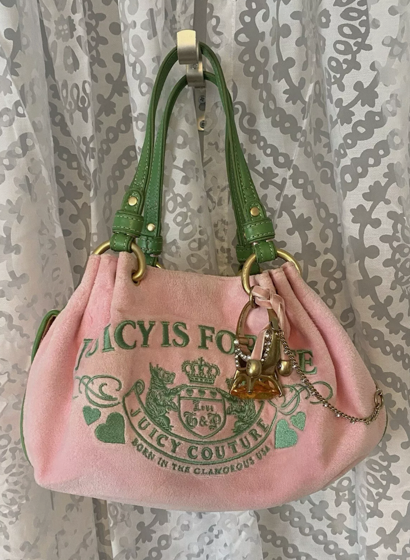 Y2K JUICY COUTURE JUICY IS FOR LIFE RING BLING VELOUR BAG RARE PINK & GREEN