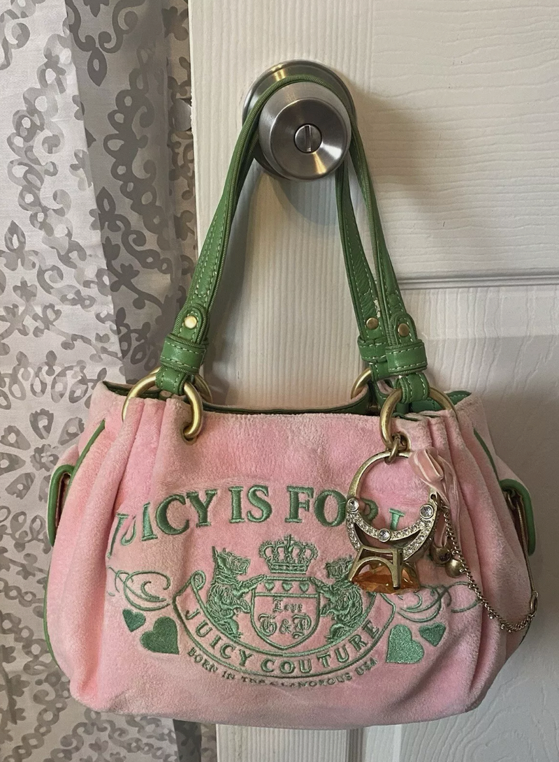 Y2K JUICY COUTURE JUICY IS FOR LIFE RING BLING VELOUR BAG RARE PINK & GREEN